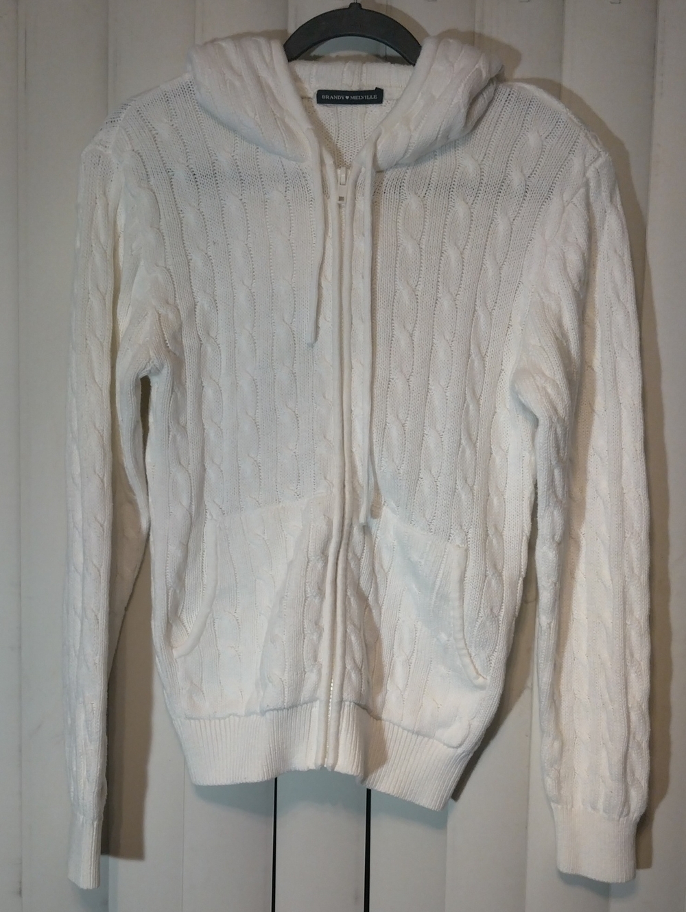 Banana Republic/Brandy Melville White Cable-Knit Zip Hoodie Cardigan